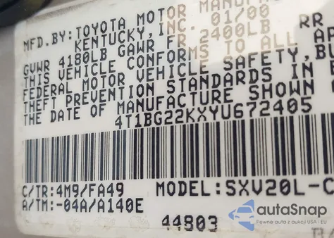 2000 Toyota Camry Ce from USA, damaged, VIN 4T1BG22KXYU672405